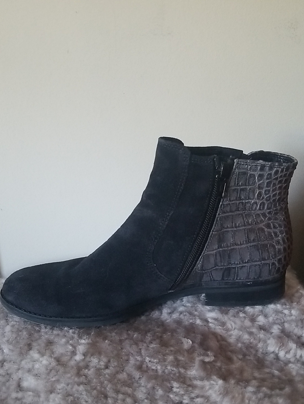 Gabor Black Suede Ankle Booties with Croco detail